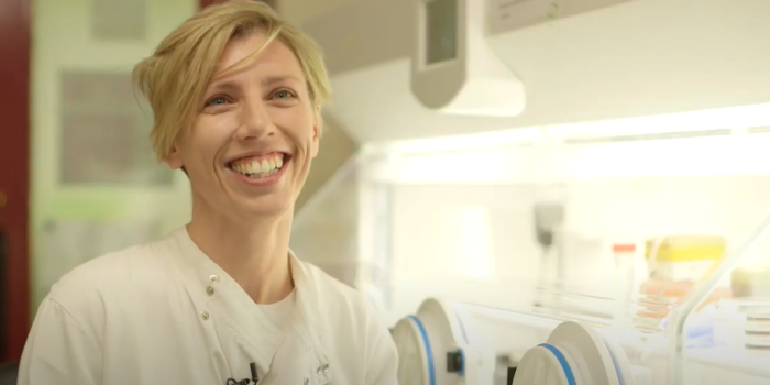 Dr Jane Freeman, pictured with the Whitley A95 Anaerobic Workstation